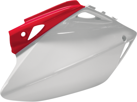 Acerbis red and white body side panels for motorcycles, featuring the Bill's Exhausts logo on the product.