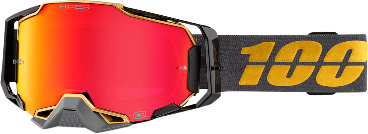 Bill's Exhausts Armega Falcon 5 goggles with HiPER Red Mirror lenses, showcasing sleek design and vibrant red mirror finish.