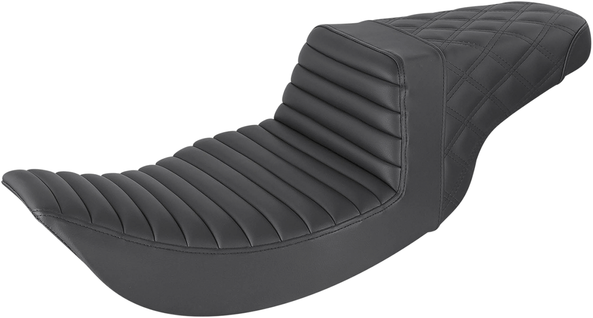 Black SADDLEMEN Step-Up Seat with front tuck-n-roll and rear lattice stitch for motorcycles, featuring sleek design and durable stitching.