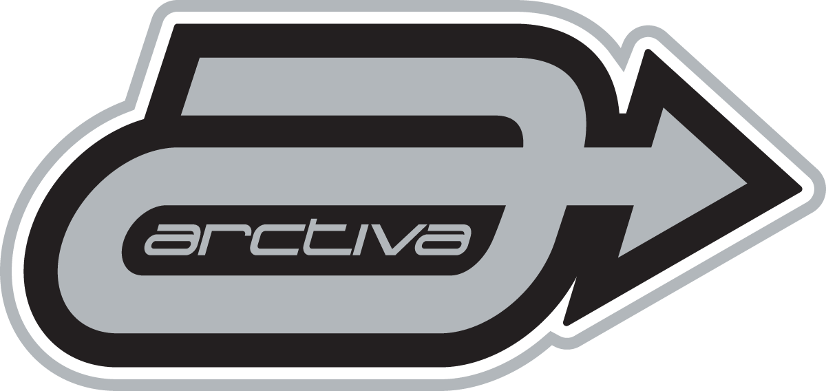 Set of 50 black and silver ARCTIVA 'a' logo decals by Bill's Exhausts, showing individual stickers with bold design and branding.