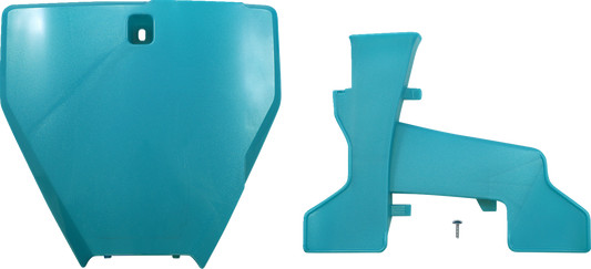 Acerbis teal and metallic front number plate for motorcycle, featuring a sleek body design and mounting holes for installation.