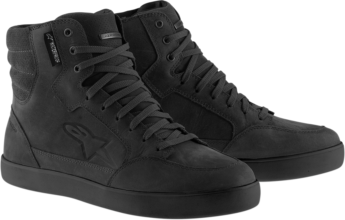 Black Alpinestars J-6 waterproof shoes, US size 13, with rugged design and waterproof material for outdoor activities.