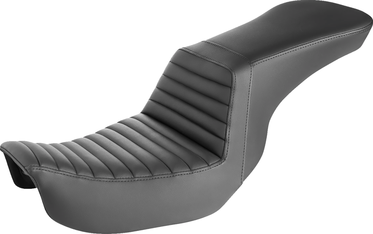 Black SADDLEMEN Step-Up Seat with front tuck-n-roll design for Dyna motorcycles, featuring a comfortable, stylish seat by Bill's Exhausts