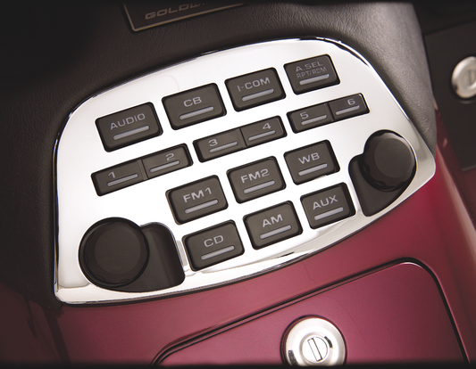 Chrome radio panel accents for engine by Bill's Exhausts, showing shiny, detailed chrome finish and custom fit design.