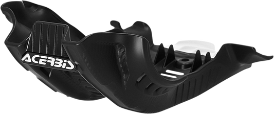 A black and white Acerbis skid plate designed for Gas Gas, Husqvarna, and KTM dirt bikes, mounted on a motorcycle body.