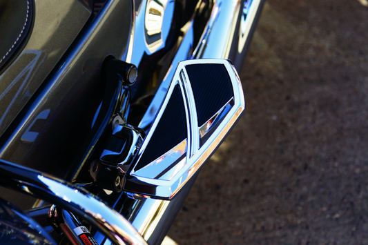 Kuryakyn Phantom Mini Boards Chrome power sports footrests with large resting area and traction inserts for motorcycle or ATV.