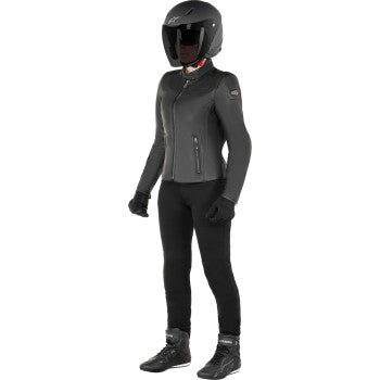Black ALPINESTARS Stella Tory leather motorcycle jacket in 2XL, displayed on a hanger with visible stitching and sleek design.