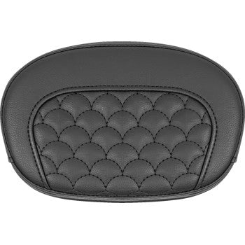 SADDLEMEN Sissy Bar Pad with Dragon Scale design attached to motorcycle sissy bar, featuring detailed textured pattern and secure straps.