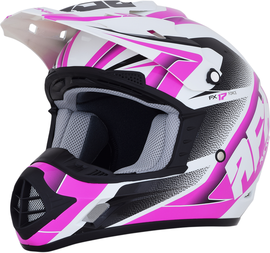Bill's Exhausts AFX FX-17 Force helmet in pearl white and fuchsia, medium size, with sleek aerodynamic helmet design.
