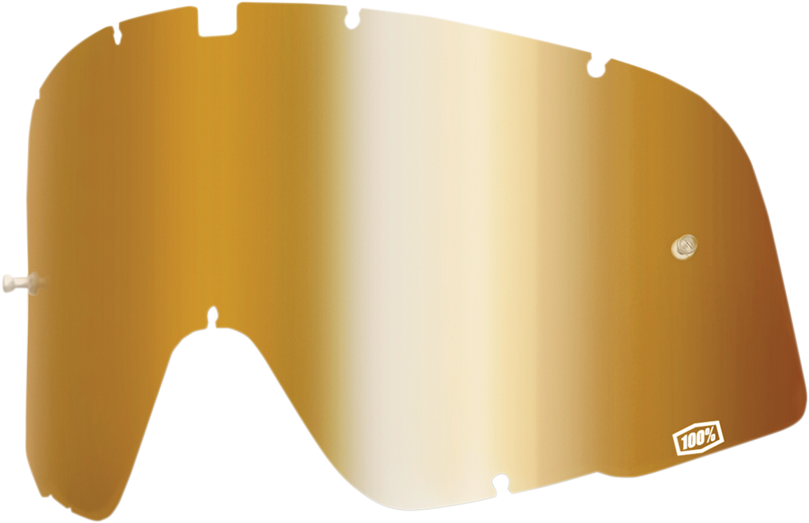 Bill's Exhausts 100% Barstow lens in true gold, showcasing reflective surface and sleek design for motorcycle or eyewear use.