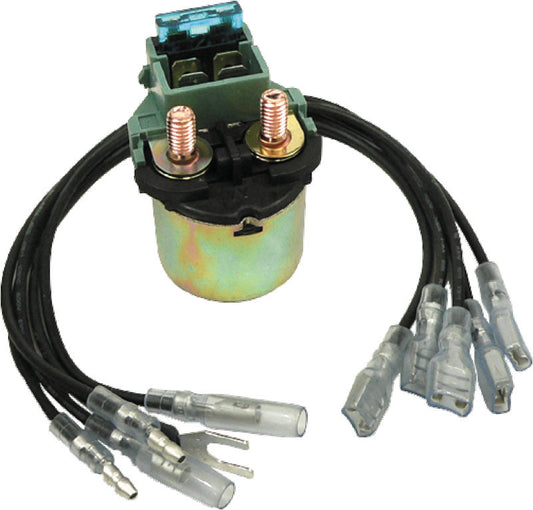 QuadBoss universal starter solenoid part #495275 for powersports equipment, shown with electrical connections and sturdy metal casing.