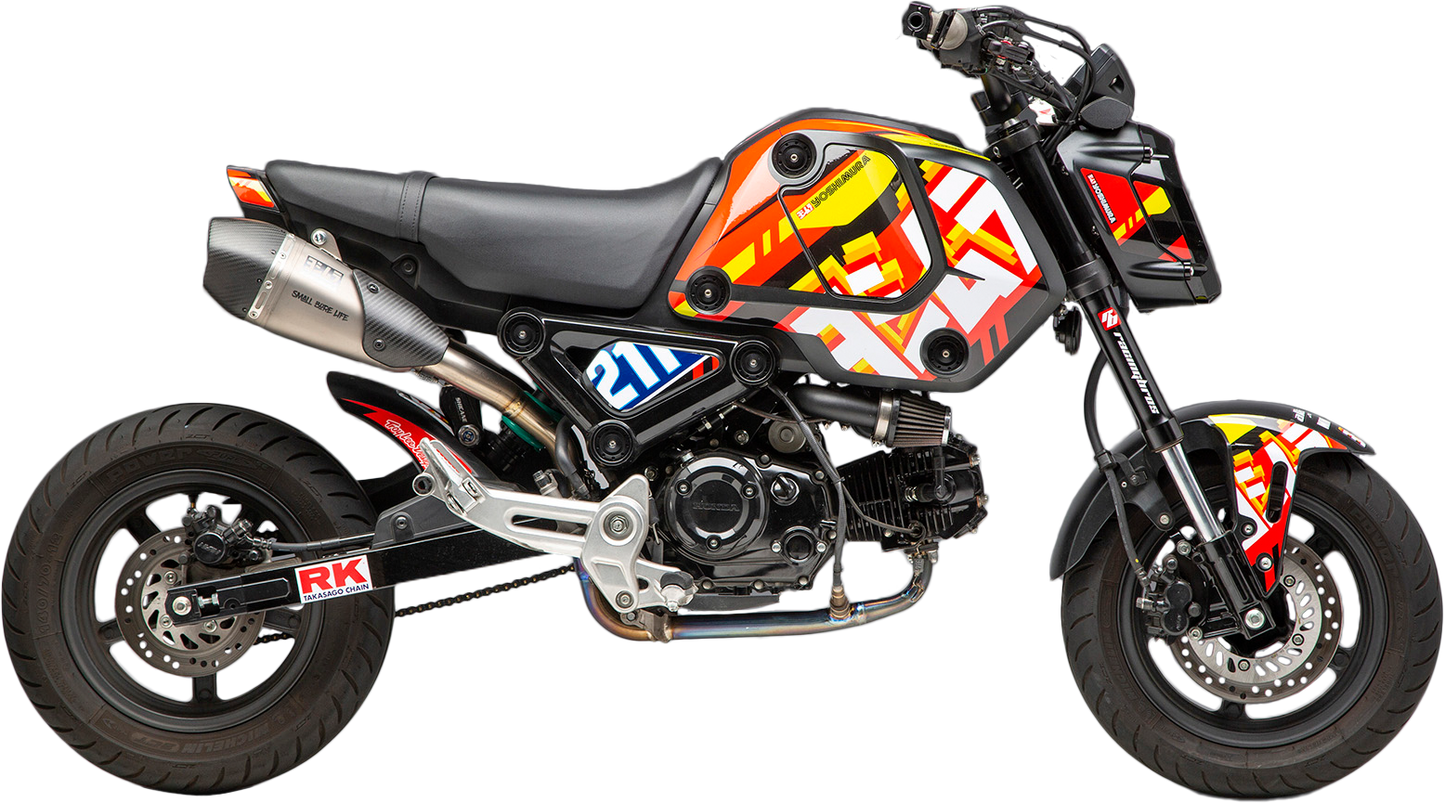 YOSHIMURA P7 TLD HON graphic kit with custom racing graphics and 54 logo on a motorcycle.