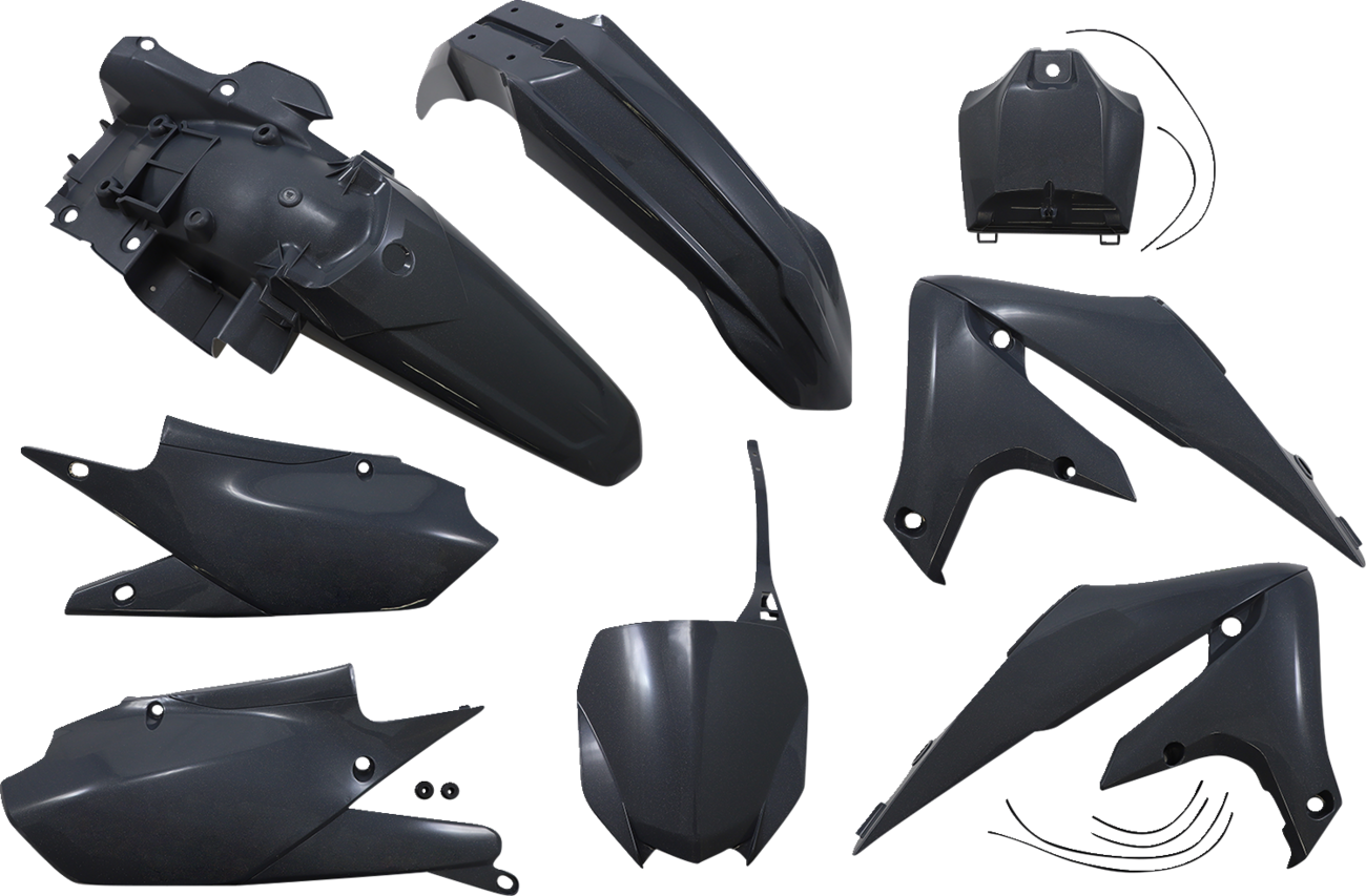 A gray metallic Acerbis full replacement body kit for motorcycles, showcasing sleek, durable plastic panels and design details.