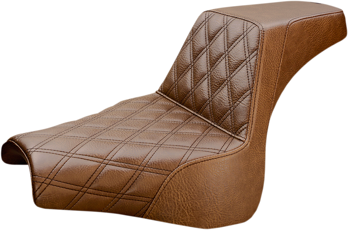 Brown SADDLEMEN Step-Up Seat with front lattice stitch for FXFB motorcycles, designed for comfort and style.