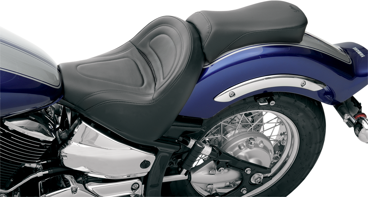 SADDLEMEN Solo Seat for XVS1100 motorcycle, designed for Bill's Exhausts, showcasing the sleek black seat with textured surface.