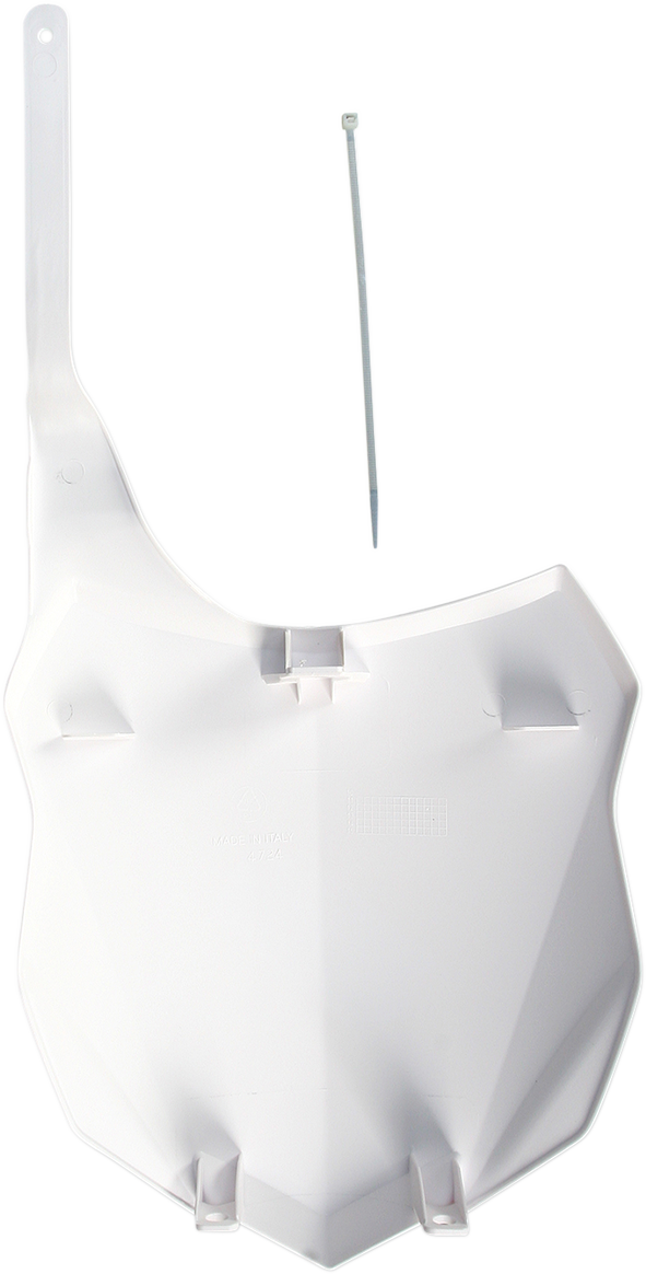 White Acerbis front number plate for motorcycle, with body mounting features, designed for durability and style.