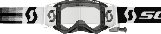 Scott Prospect WFS Goggle in black and white with clear lens, designed for motocross and off-road riding.