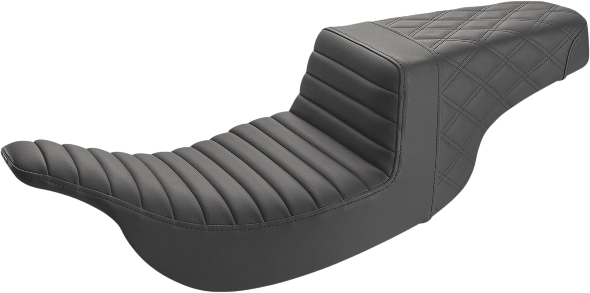 Black SADDLEMEN Step-Up Seat by Bill's Exhausts with front tuck-n-roll and rear lattice stitch for motorcycle comfort and style.