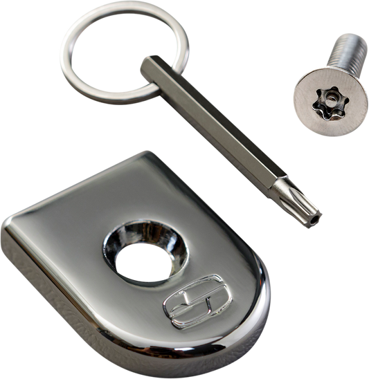 Chrome SADDLEMEN Security Seat Screw for motorcycle seats, designed by Bill's Exhausts, shown in a close-up image.
