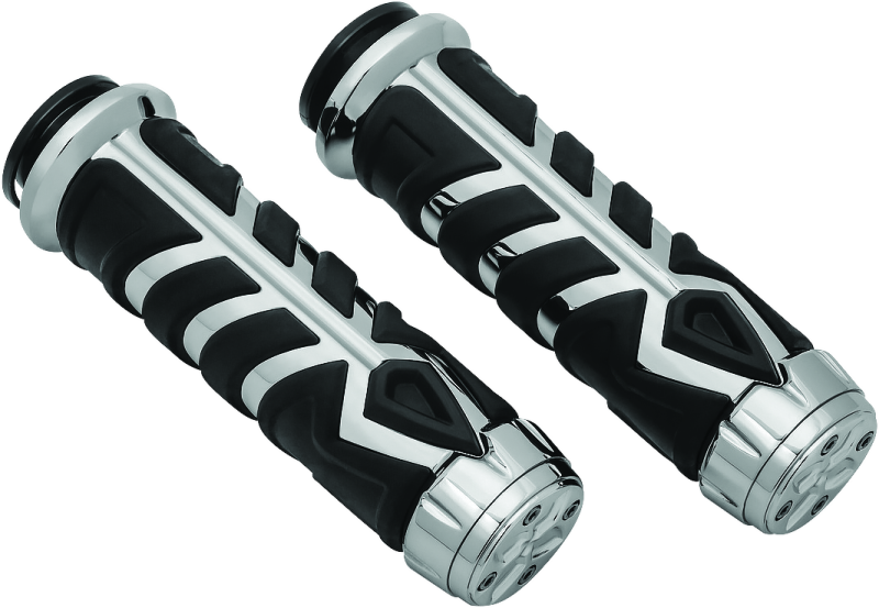 Kuryakyn Spear Grips for Indian Motorcycle in shiny chrome finish, designed for comfortable handling and stylish motorcycle control