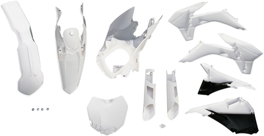 Acerbis full replacement body kit in white and black for motorcycle, featuring sleek, aerodynamic panels and parts.