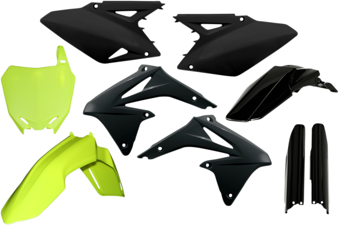 Acerbis full replacement body kit in black and fluorescent yellow for motorcycle, featuring streamlined body panels and vibrant color accents.