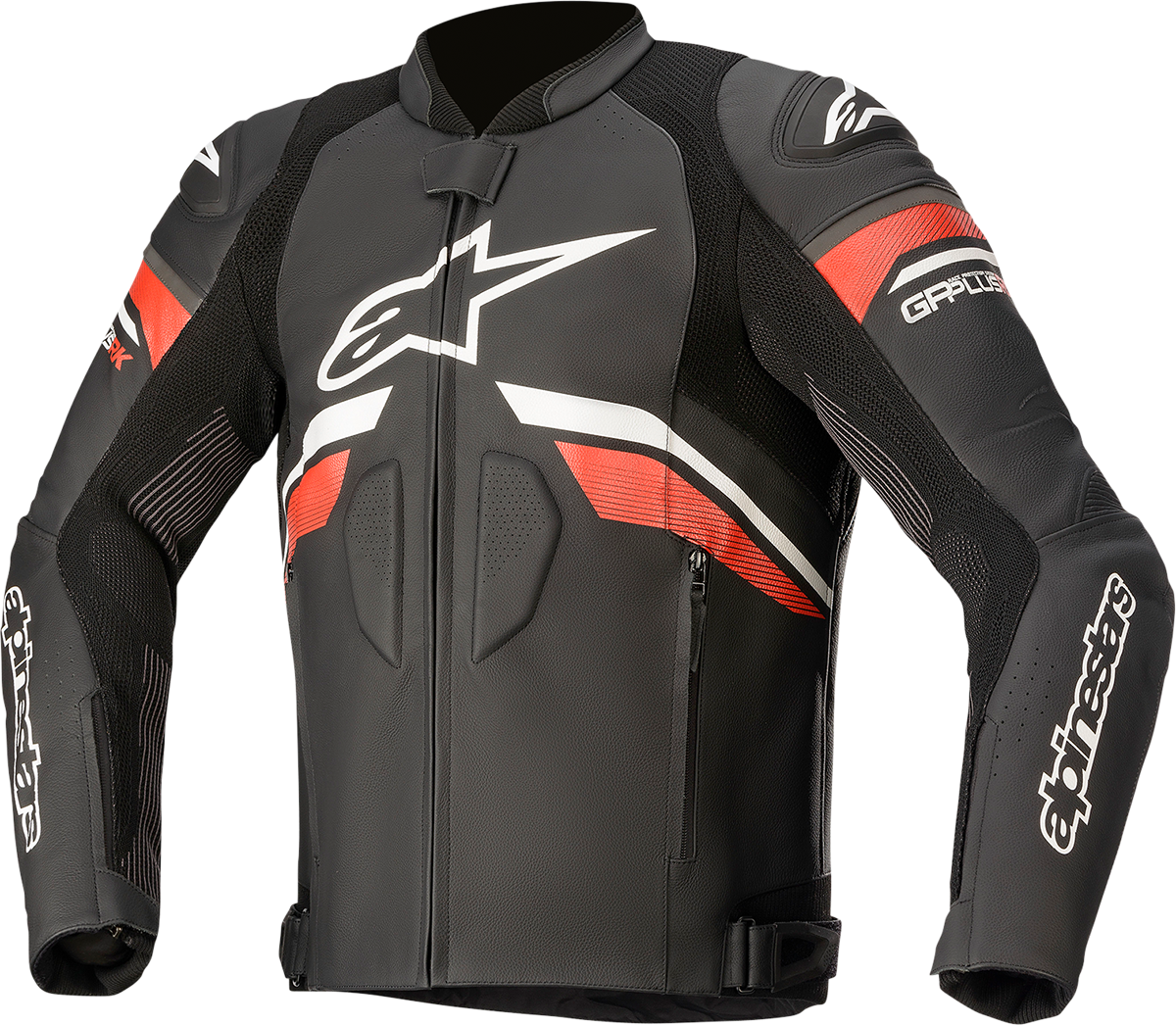 Alpinestars GP Plus R v3 Rideknit leather motorcycle jacket in black, white, and red, US 44 / EU 54, on a plain background.