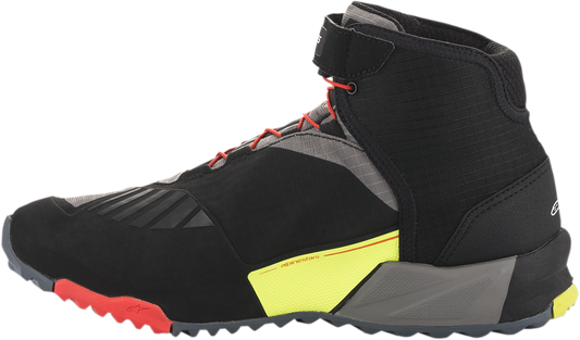 Alpinestars CR-X Drystar® motorcycle shoes in black, red, and yellow fluorescent with US 8.5 size, featuring protective design.