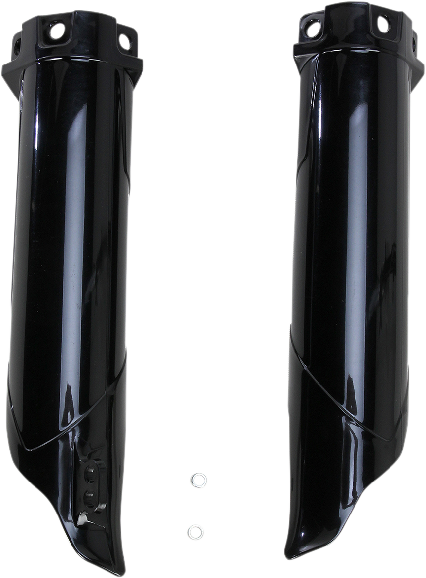 Black Acerbis lower fork covers for motorcycle body protection, compatible with specific models, shown in the image.