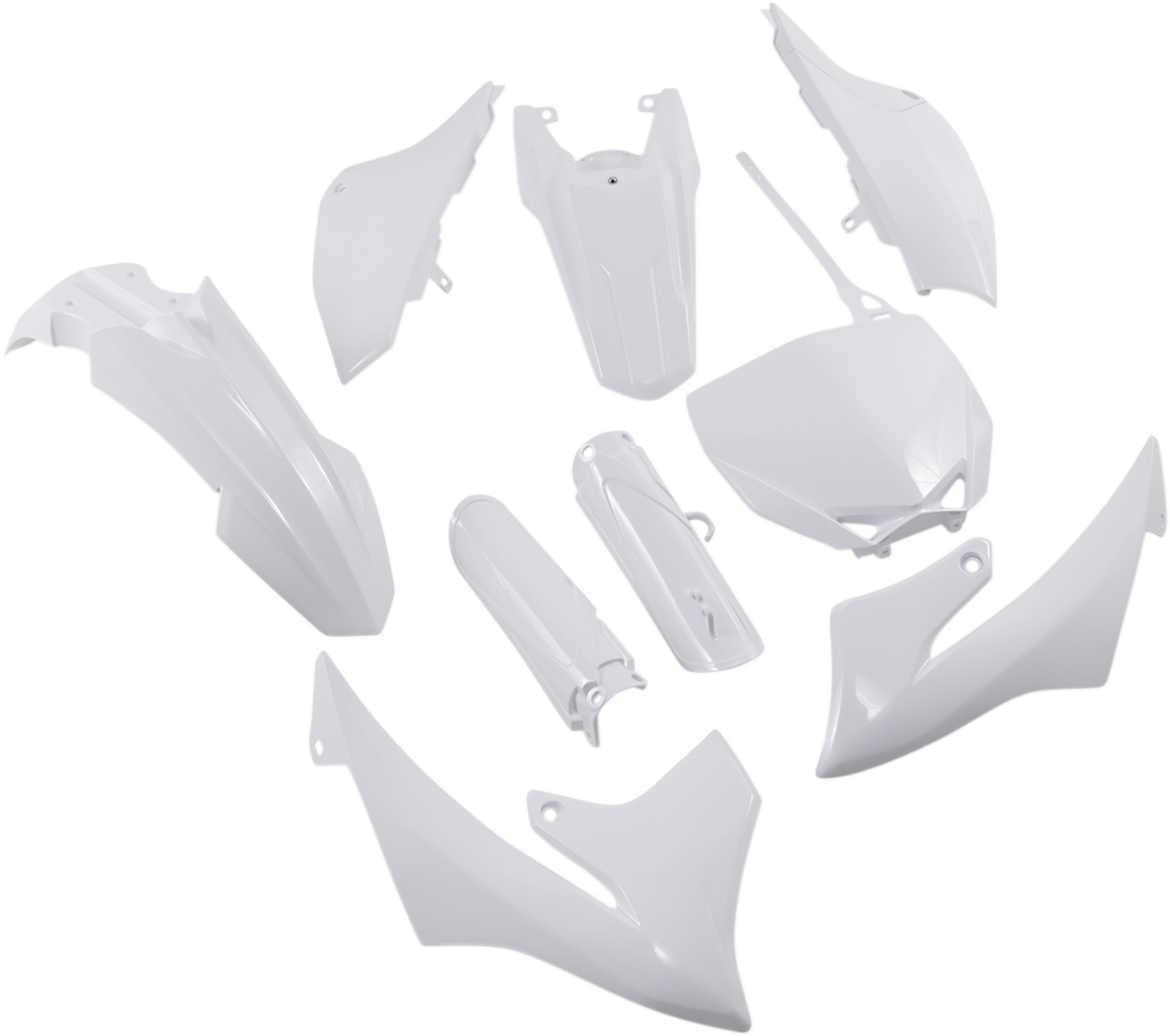 A white Acerbis full replacement body kit for motorcycles, featuring sleek panels and aerodynamic design, on a plain background.