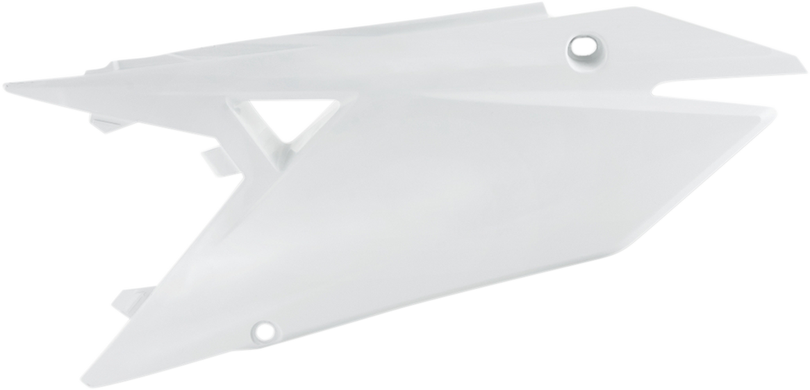 Acerbis white side panels for motorcycle body, featuring sleek design and brand logo, shown on a plain background.