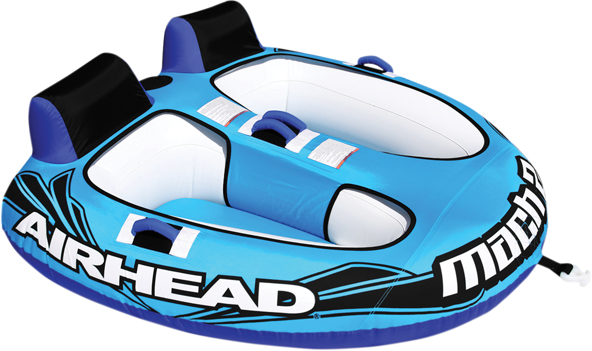 Bill's Exhausts AIRHEAD SPORTS GROUP Mach 2 double rider water towable with bright red and blue inflatable tubes for water fun.
