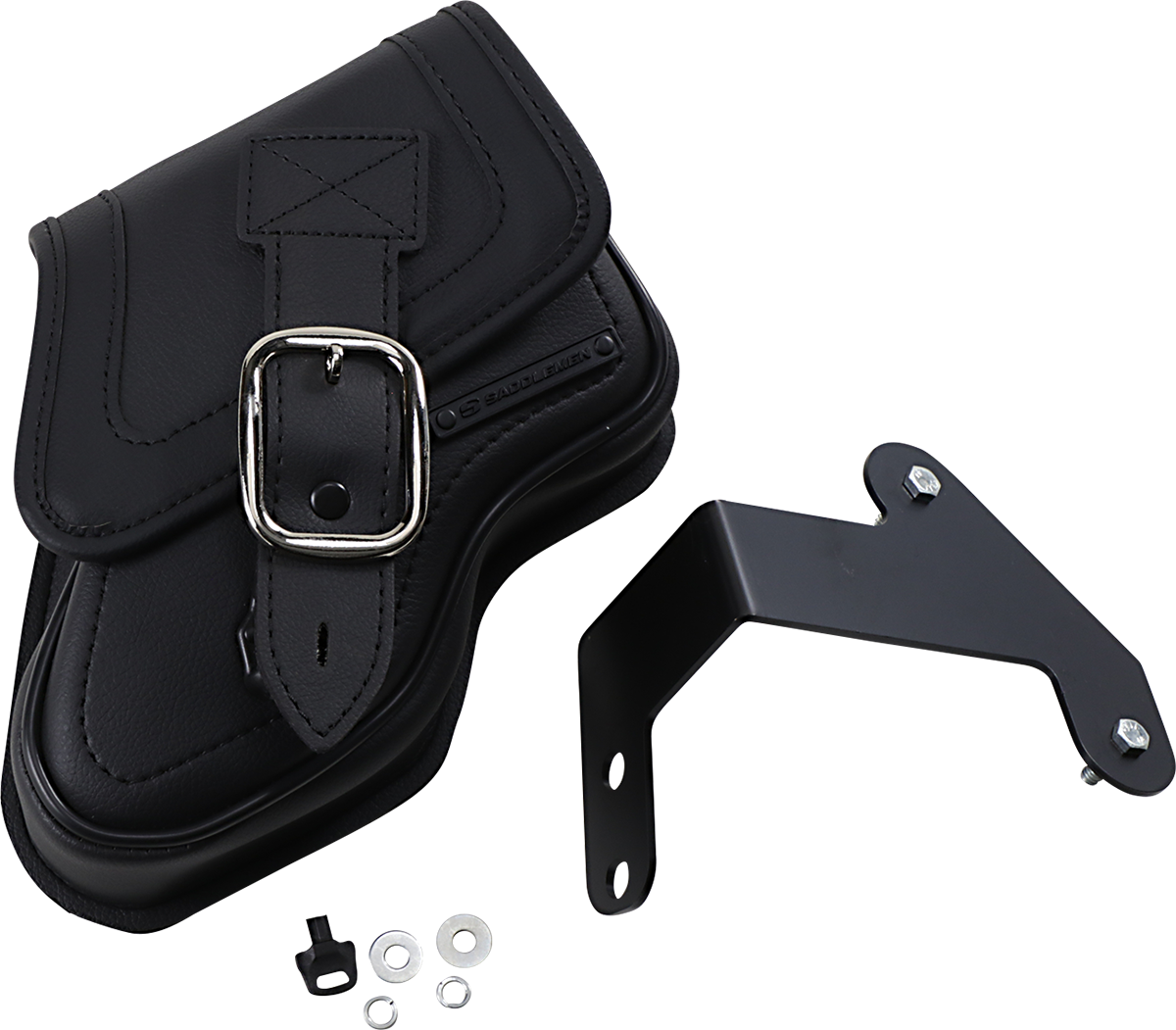 Black Saddlemens saddlebag for Dyna models '06-'17, mounted on a motorcycle seat, designed for durable storage and style.