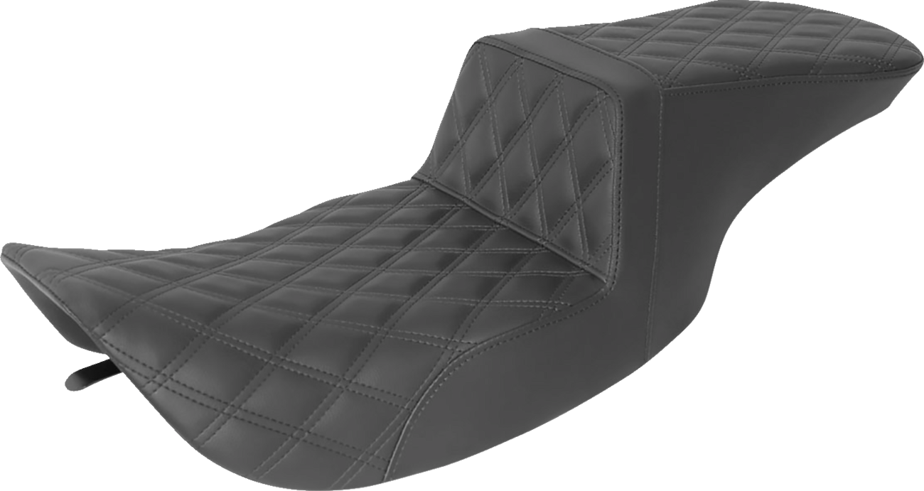 Black Saddlemens Step-Up Seat with full lattice stitch for FLH motorcycles, designed for comfort and style.