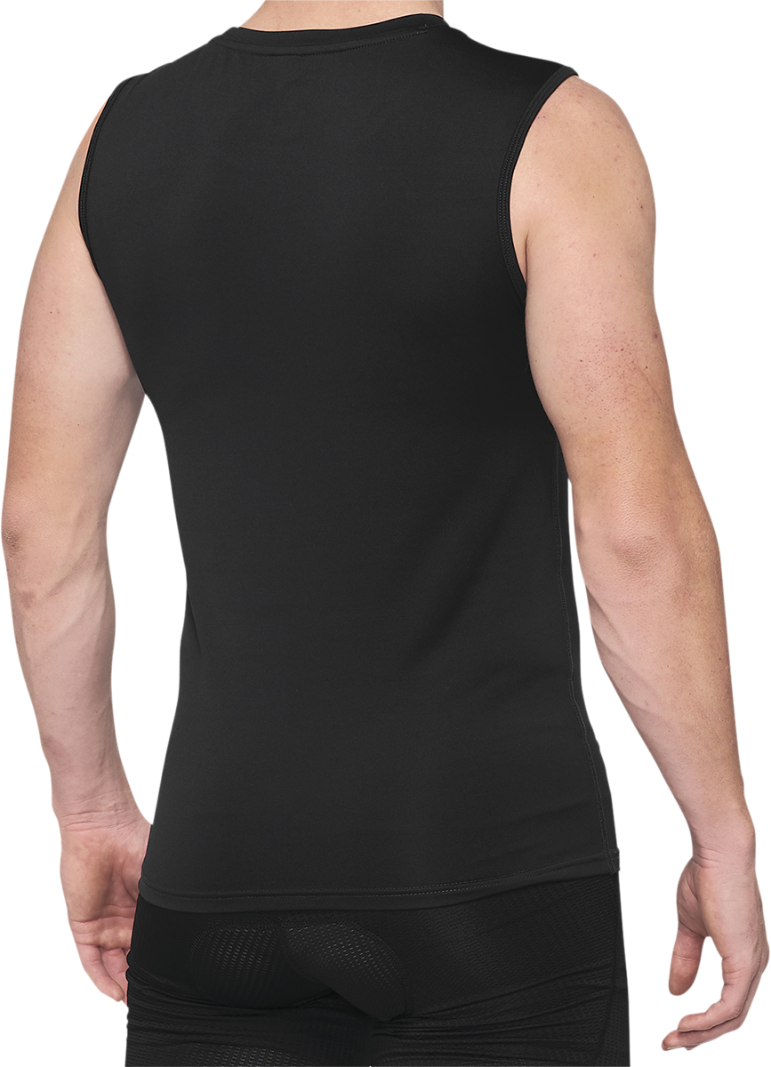 Bill's Exhausts 100% Basecamp sleeveless shirt in black, medium size, displayed flat with front view and sleeveless design.