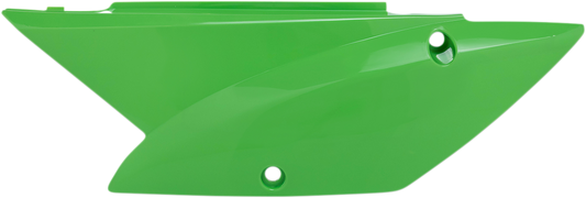 Green Acerbis side panels for motorcycle body, featuring brand-specific design and mounting points, compatible with various bike models.