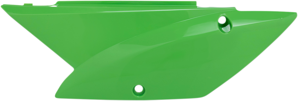 Green Acerbis side panels for motorcycle body, featuring brand-specific design and mounting points, compatible with various bike models.