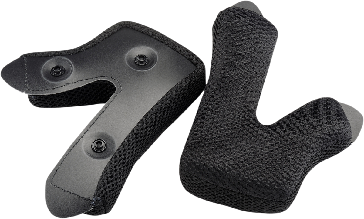 Bill's Exhausts 100% Status Cheek Pads in medium and 2XL sizes for helmet parts, shown in black with textured surface.