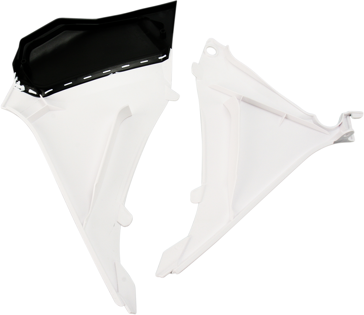 Acerbis Airbox Cover in white and black for motorcycle, featuring sleek body design and brand logo on the air intake.