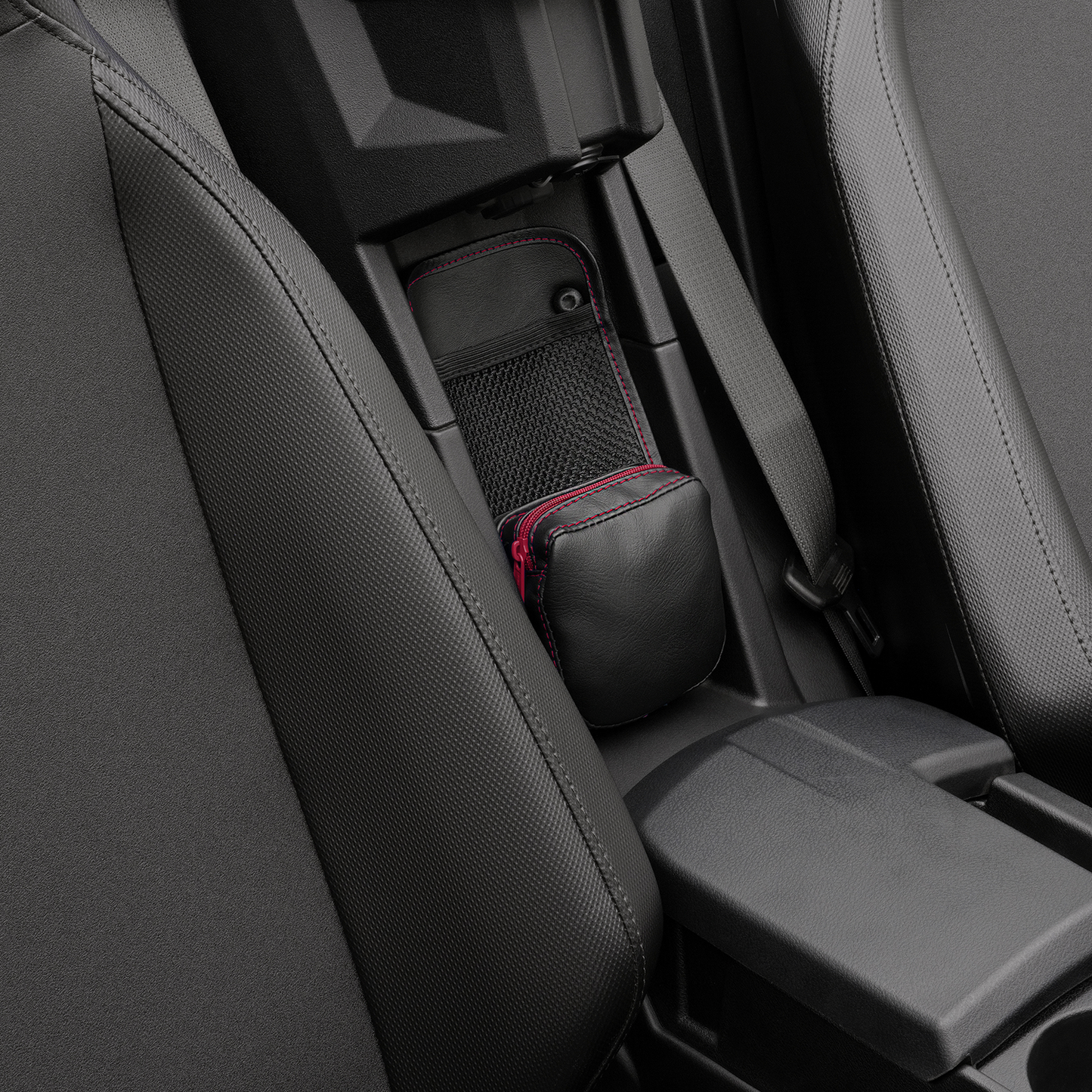 Black SHOW CHROME Kaliber Center Console Organizer with red zipper for engine storage, designed by Bill's Exhausts.