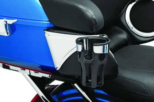 Kuryakyn Reflex drink holder mounted on the right side passenger of a Harley-Davidson touring motorcycle