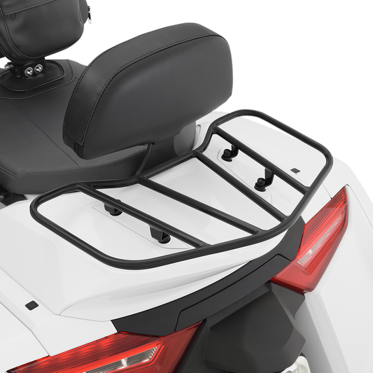 Black SHOW CHROME luggage rack for engine, designed by Bill's Exhausts, featuring sturdy metal construction and mounting brackets.