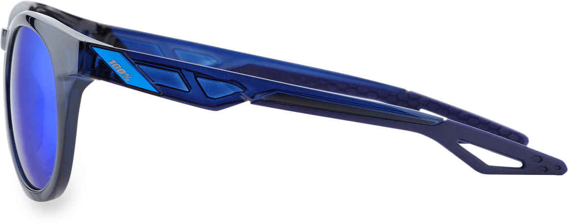 Bill's Exhausts 100% Campo sunglasses with blue mirror lenses, stylish blue frame and reflective eye protection.