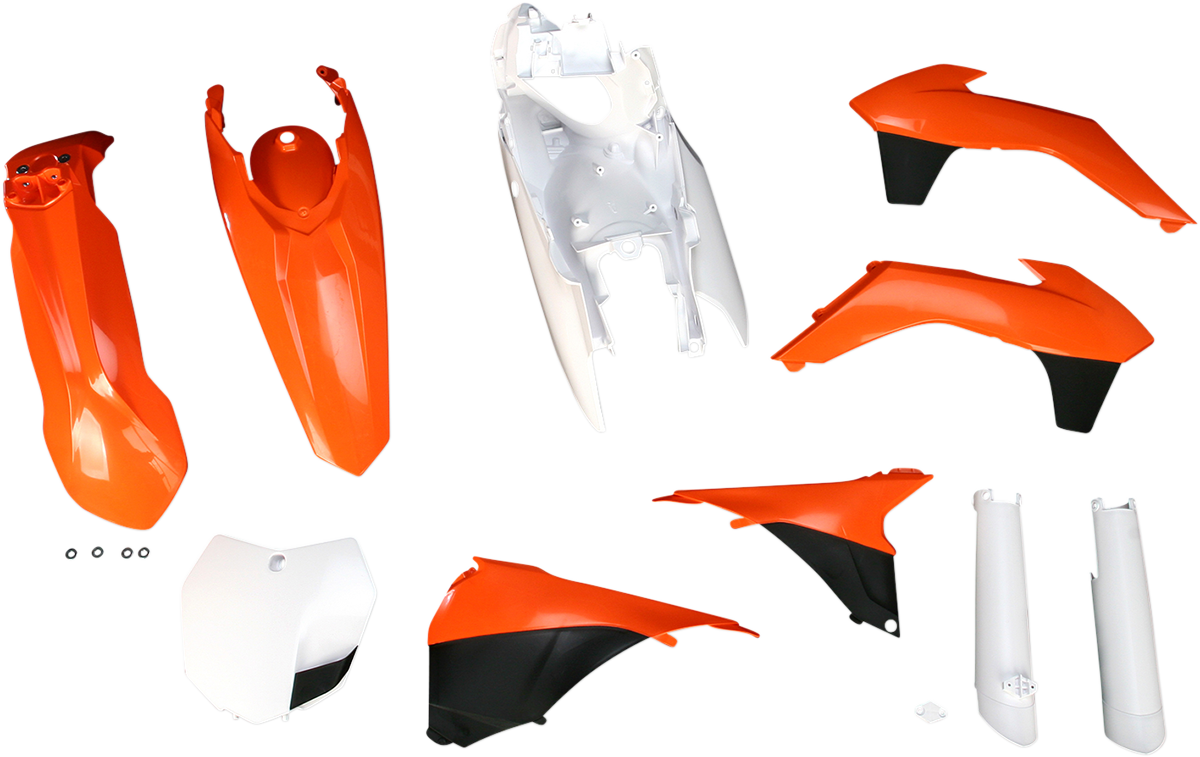 Acerbis full replacement body kit in orange, white, and black for OEM '13 motorcycle, featuring streamlined body panels.