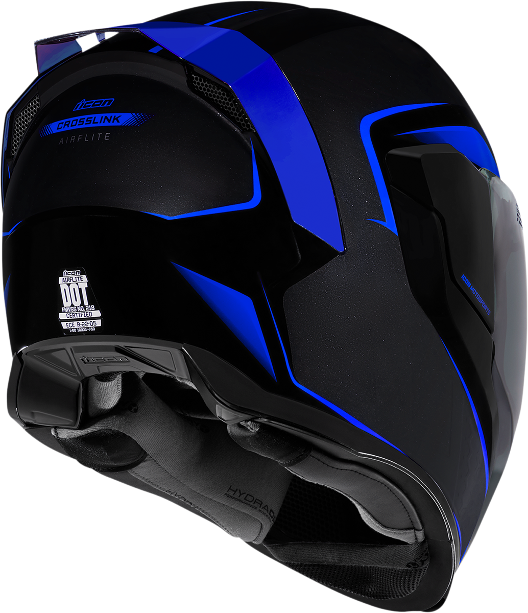 Blue ICON Airflite™ helmet with Crosslink design, large size, featuring aerodynamic shape and clear visor.