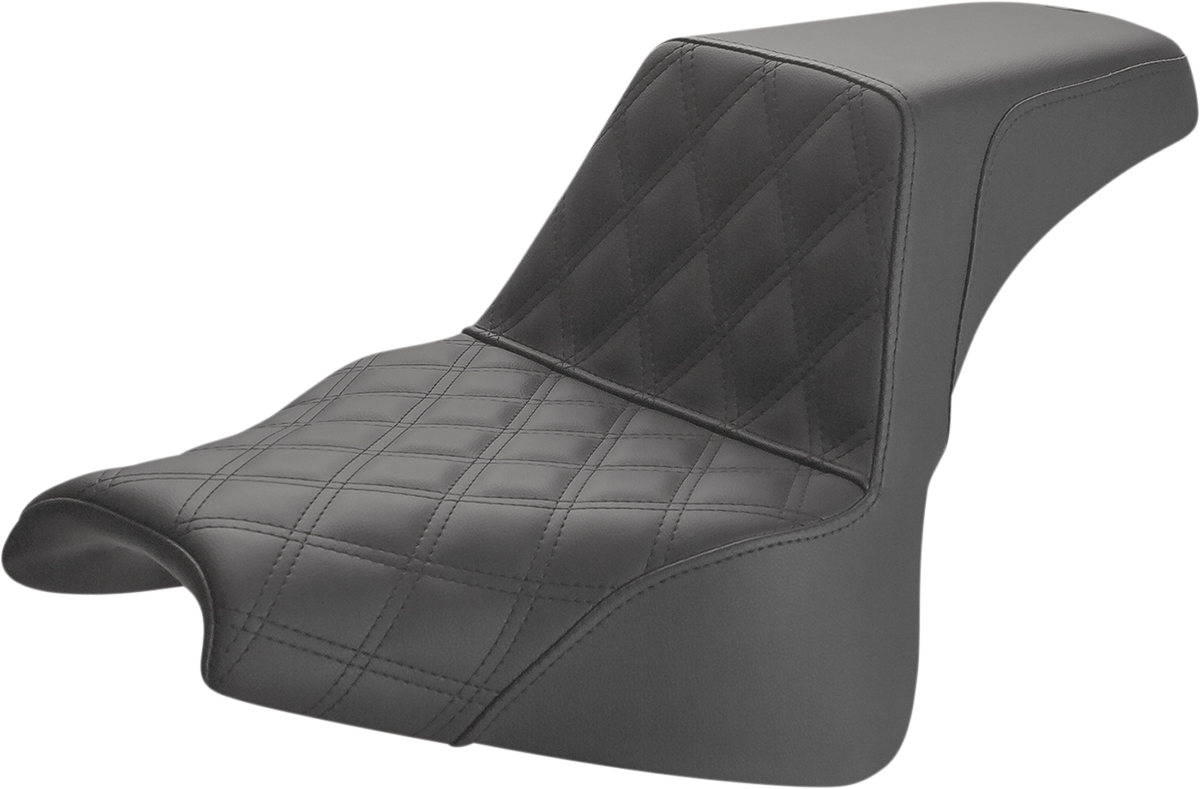 Black SADDLEMEN Step-Up Seat with front lattice stitch for FXFB motorcycles, featuring durable seat design and stitching details.