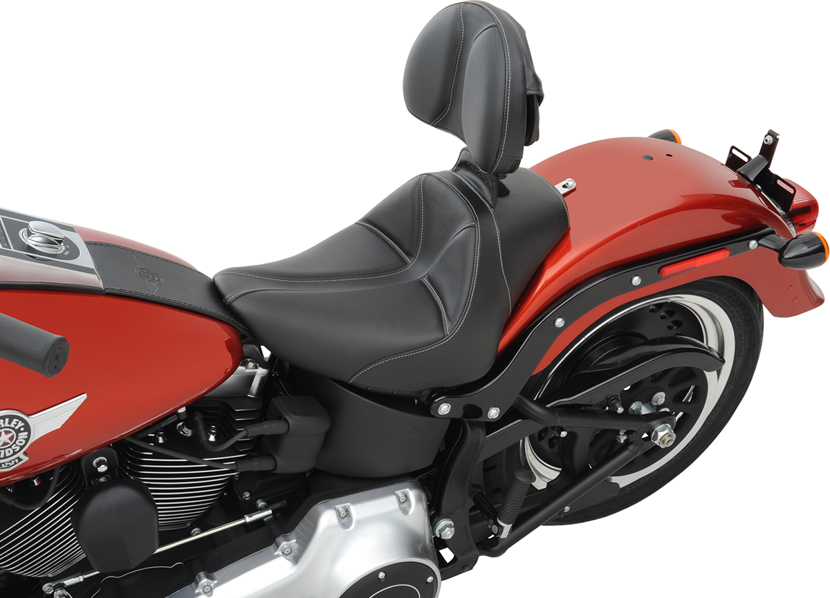 Black SADDLEMEN Dominator Driver's Backrest seat for motorcycles, featuring a sturdy padded design for rider comfort.