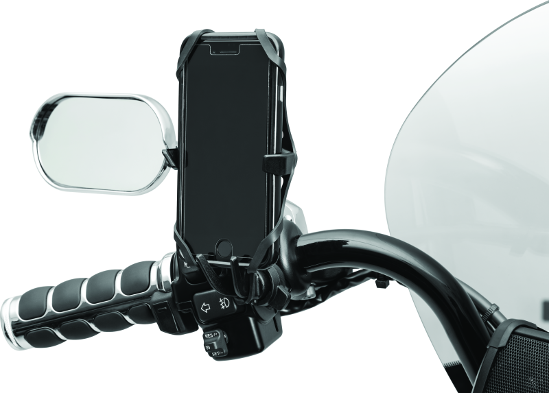 Kuryakyn Free-Flex device holder with perch screw mount in black, showing adjustable mounting arm and secure grip for motorcycle accessories.