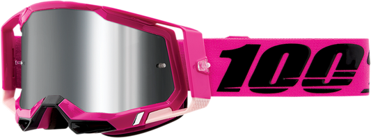 Bill's Exhausts 100% Racecraft 2 Goggles in silver flash mirror with black frame, featuring clear lenses and adjustable strap.