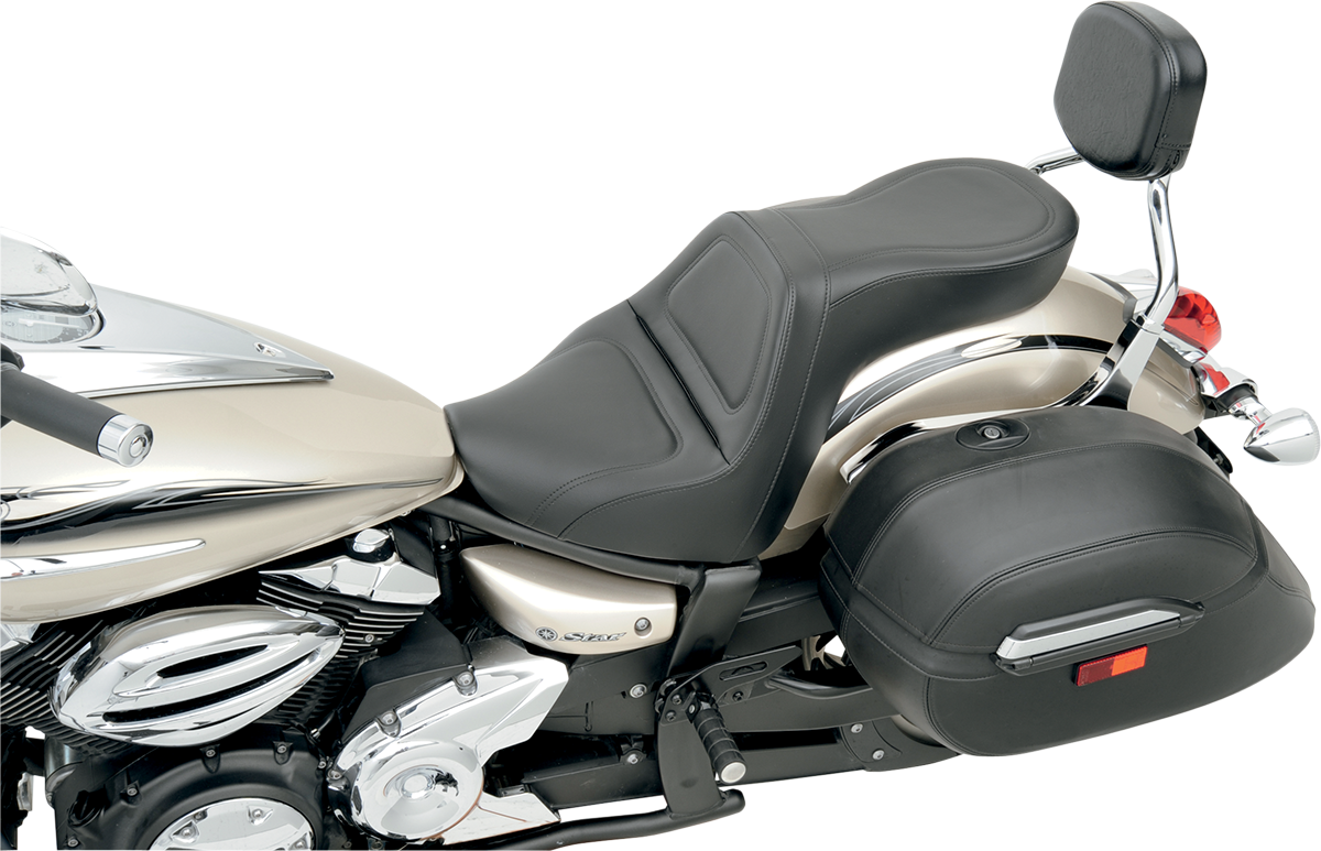 Black SADDLEMEN Explorer motorcycle seat without backrest, stitched design for XVS950 cruiser bike, by Bill's Exhausts.
